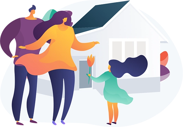 illustration of family standing in front of house