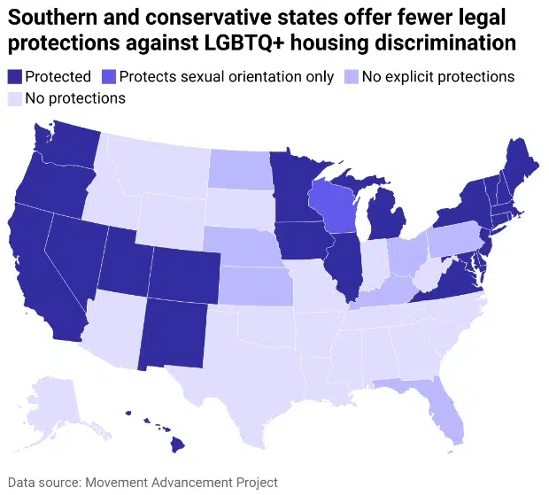 Map showing legal protections against LGBTQ+ housing discrimination across the United States.